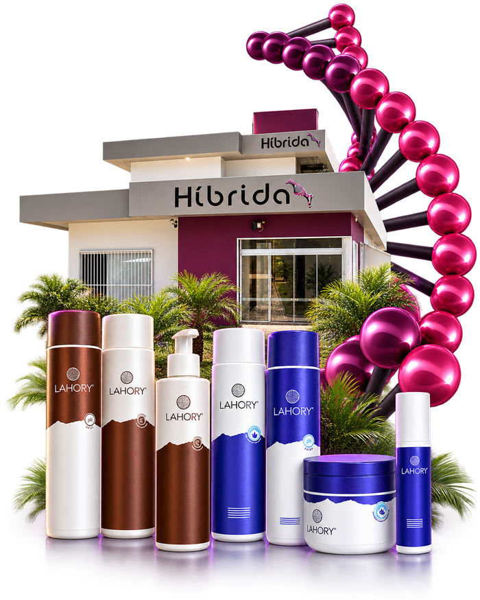 Sede da Híbrida com a linha de produtos Lahory em primeiro plano e a hélice de DNA da marca ao fundo