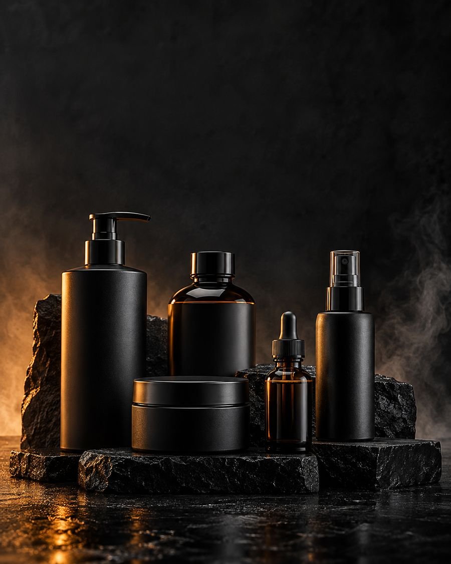 Linha de cosméticos sem marca, em frascos pretos e âmbar sobre pedra escura