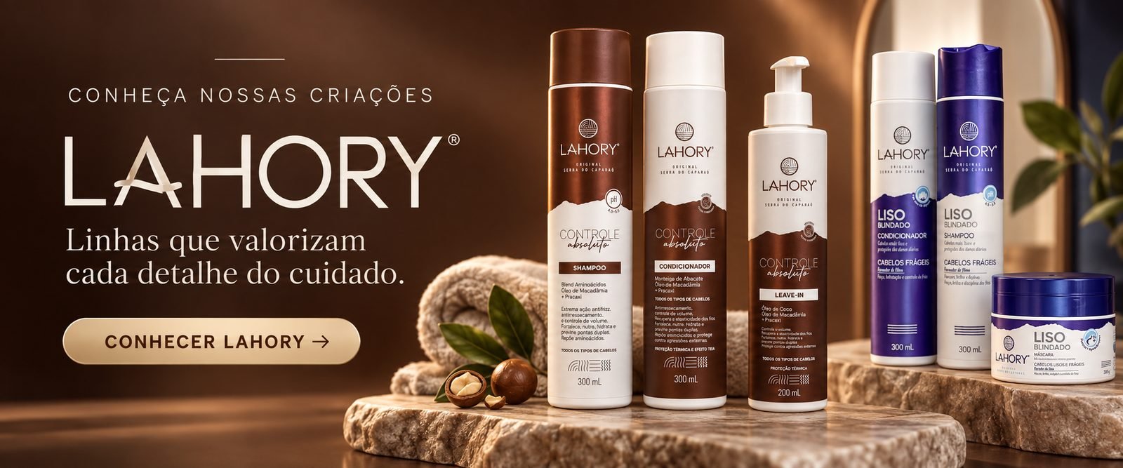 Banner Lahory: Treze linhas de cuidado capilar em embalagem de varejo, produzidas pela Híbrida.