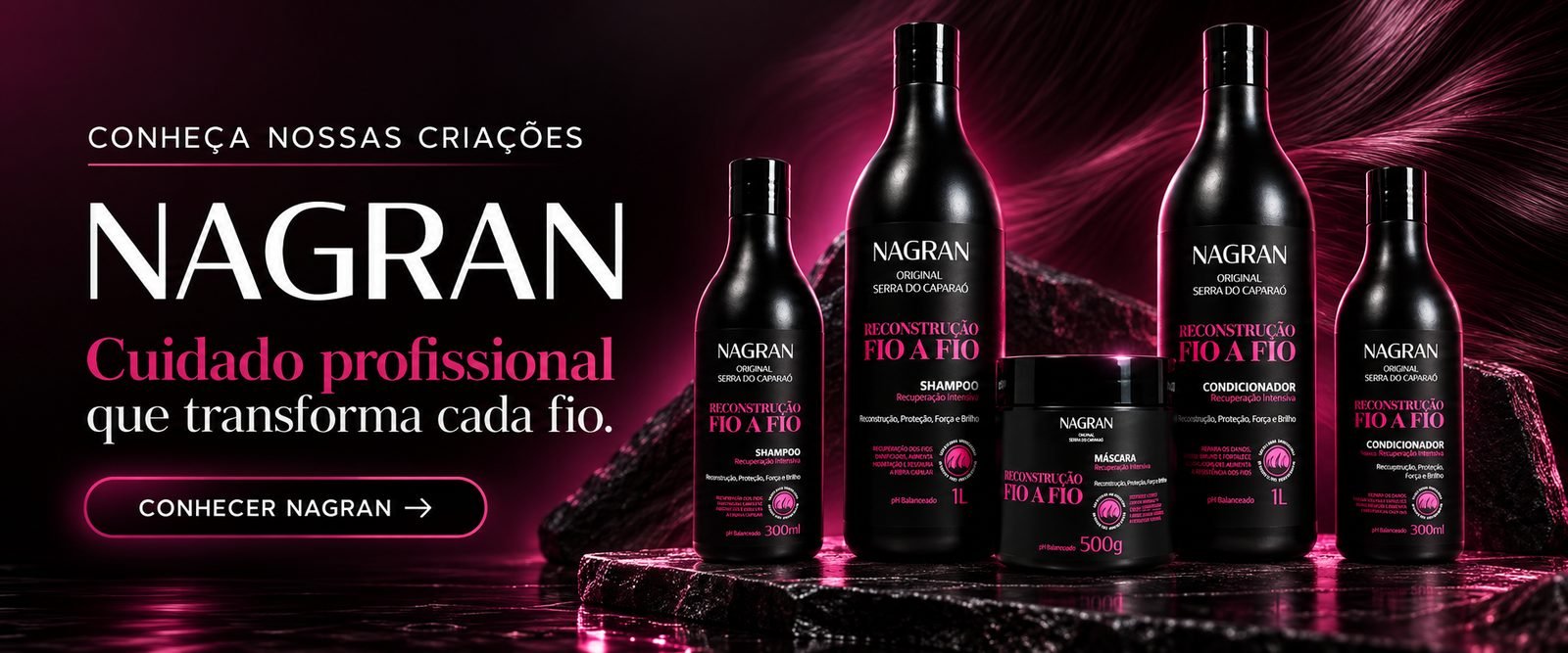 Banner Nagran: Linha profissional em 1 litro e 500 gramas, produzida pela Híbrida.