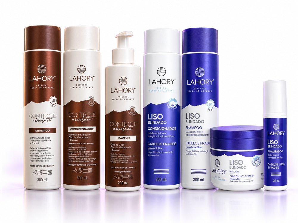 Linha completa Lahory: Controle Absoluto e Liso Blindado — shampoo, condicionador, leave-in, máscara e finalizador
