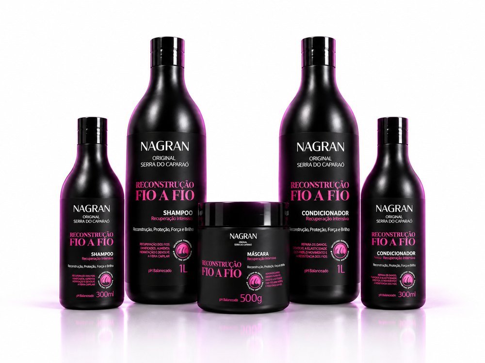 Linha completa Nagran Reconstrução Fio a Fio: shampoo e condicionador de 1 litro e 300 ml, máscara de 500 gramas