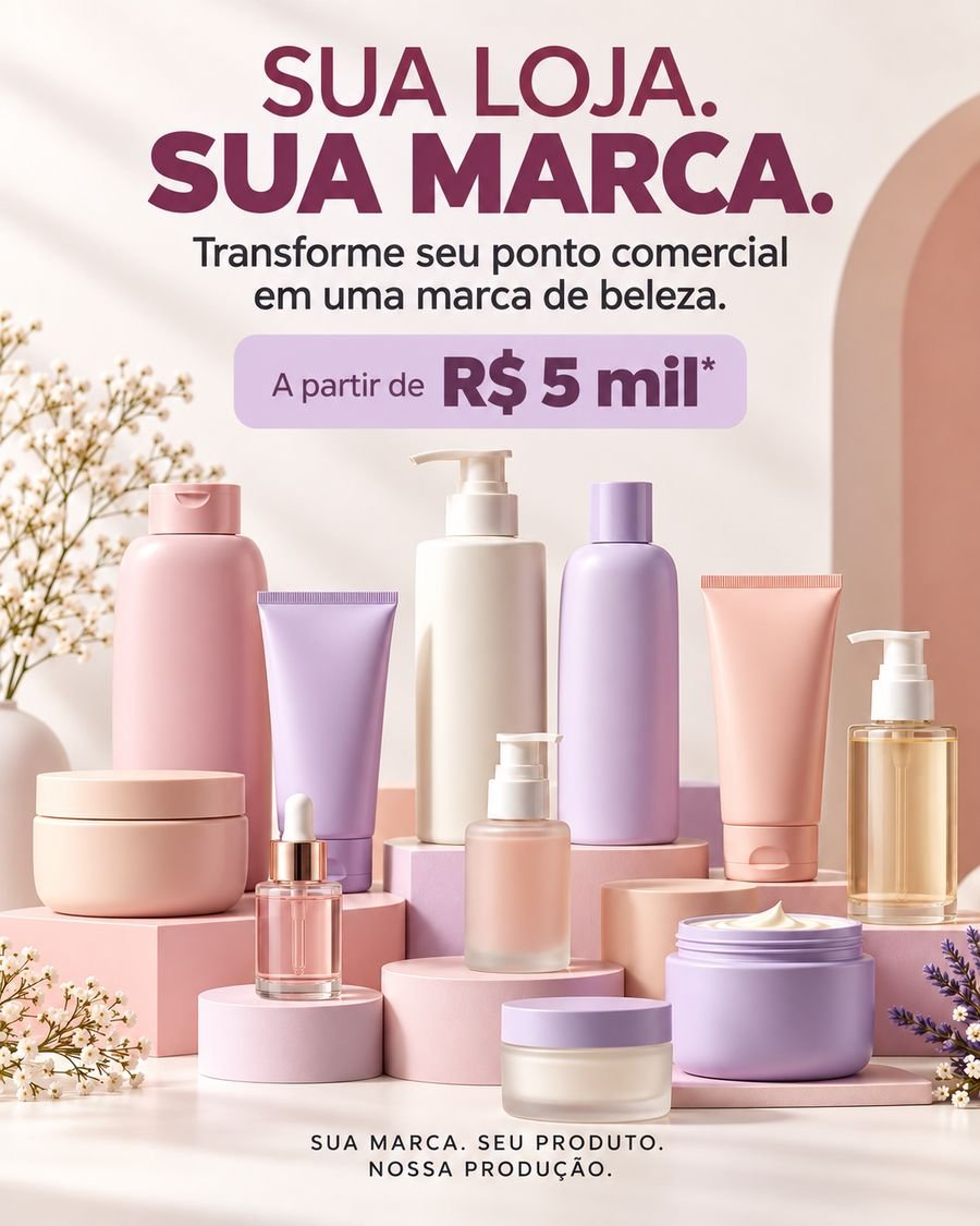 Campanha Sua Loja, Sua Marca: linha de cosméticos em tons pastel de rosa e lilás