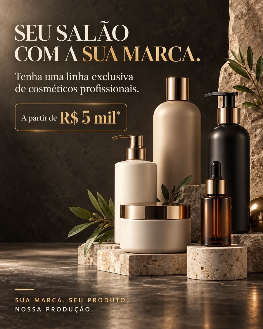Campanha Seu Salão com a Sua Marca: cosméticos profissionais em tons dourados